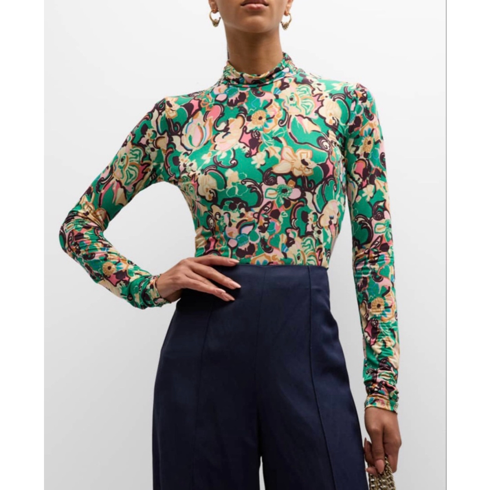 A.L.C. James Green Pink Floral Long Sleeve Mock Neck Tee XS